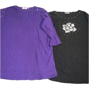 Quacker Factory Women's 1X Beaded Sequin Tops Purple Black Lot Of 2